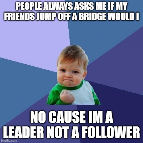 not a follower | PEOPLE ALWAYS ASKS ME IF MY FRIENDS JUMP OFF A BRIDGE WOULD I; NO CAUSE IM A LEADER NOT A FOLLOWER | image tagged in memes,success kid | made w/ Imgflip meme maker