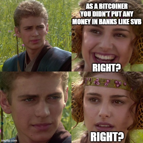 Anakin Padme 4 Panel | AS A BITCOINER YOU DIDN'T PUT ANY MONEY IN BANKS LIKE SVB; RIGHT? RIGHT? | image tagged in anakin padme 4 panel | made w/ Imgflip meme maker