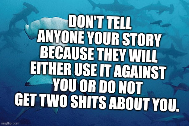 Hammerhead shark | DON'T TELL ANYONE YOUR STORY BECAUSE THEY WILL EITHER USE IT AGAINST YOU OR DO NOT GET TWO SHITS ABOUT YOU. | image tagged in hammerhead shark | made w/ Imgflip meme maker