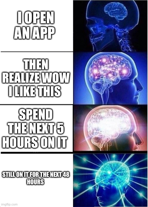 Meme lmao | I OPEN AN APP; THEN REALIZE WOW I LIKE THIS; SPEND THE NEXT 5 HOURS ON IT; STILL ON IT FOR THE NEXT 48
HOURS | image tagged in memes,expanding brain | made w/ Imgflip meme maker