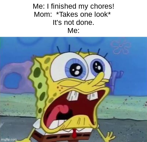 BUT I DID THE WORK!!! | Me: I finished my chores!
Mom:  *Takes one look* 
It's not done.
Me: | image tagged in memes,funny,spongebob,relatable,chores,your mom | made w/ Imgflip meme maker
