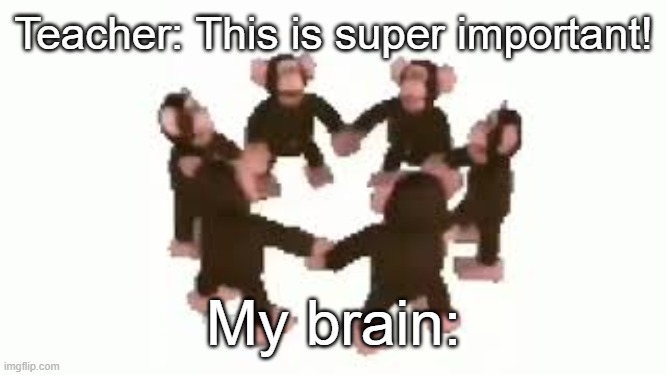 So freaking true | Teacher: This is super important! My brain: | image tagged in spinning monke pic | made w/ Imgflip meme maker