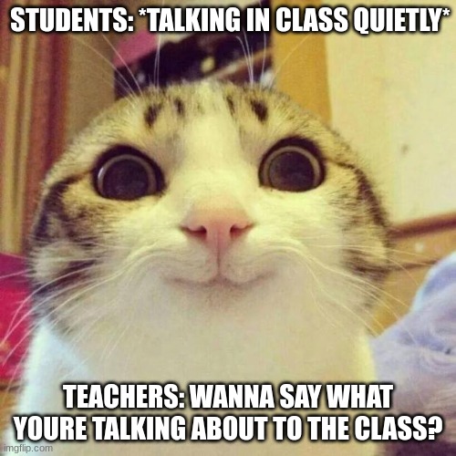 Smiling Cat | STUDENTS: *TALKING IN CLASS QUIETLY*; TEACHERS: WANNA SAY WHAT YOURE TALKING ABOUT TO THE CLASS? | image tagged in memes,smiling cat,school,school meme,talking in class,high school | made w/ Imgflip meme maker