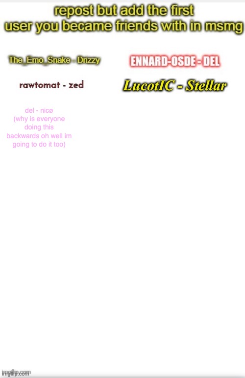 idk if someone else did this and i didnt see im sorry | del - nicø (why is everyone doing this backwards oh well im going to do it too) | made w/ Imgflip meme maker
