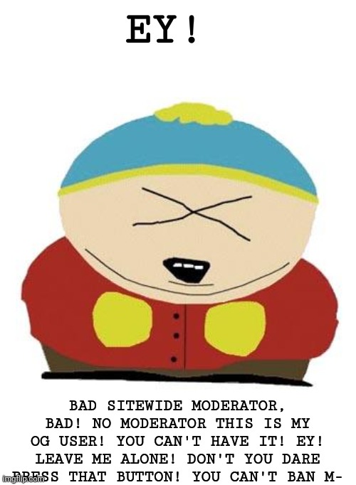 Cartman | EY! BAD SITEWIDE MODERATOR, BAD! NO MODERATOR THIS IS MY OG USER! YOU CAN'T HAVE IT! EY! LEAVE ME ALONE! DON'T YOU DARE PRESS THAT BUTTON! YOU CAN'T BAN M- | image tagged in cartman | made w/ Imgflip meme maker