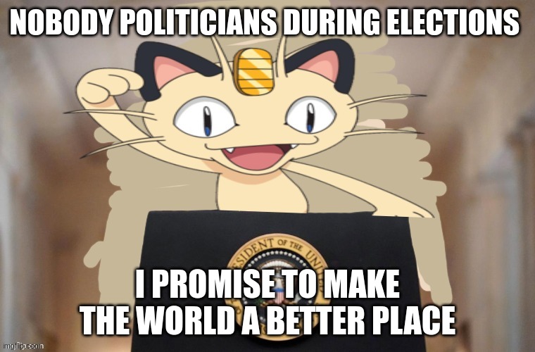 nobody politicians be like | NOBODY POLITICIANS DURING ELECTIONS; I PROMISE TO MAKE THE WORLD A BETTER PLACE | image tagged in meowth party | made w/ Imgflip meme maker