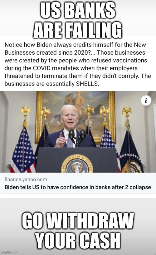 Banks fall | US BANKS ARE FAILING; GO WITHDRAW YOUR CASH | image tagged in usa,joe biden,america,bankruptcy,democrats,economy | made w/ Imgflip meme maker