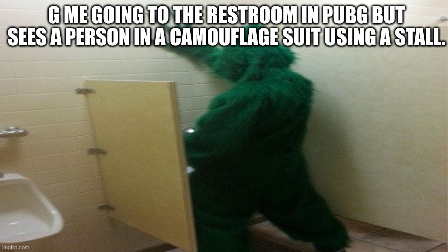 g Me going to the restroom in pubg | G ME GOING TO THE RESTROOM IN PUBG BUT SEES A PERSON IN A CAMOUFLAGE SUIT USING A STALL. | image tagged in funny memes,funny,cool memes,memes,pubg,camouflage | made w/ Imgflip meme maker