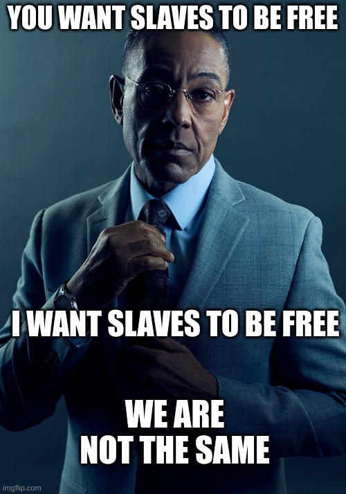 1922 | YOU WANT SLAVES TO BE FREE; I WANT SLAVES TO BE FREE; WE ARE NOT THE SAME | image tagged in gus fring we are not the same | made w/ Imgflip meme maker