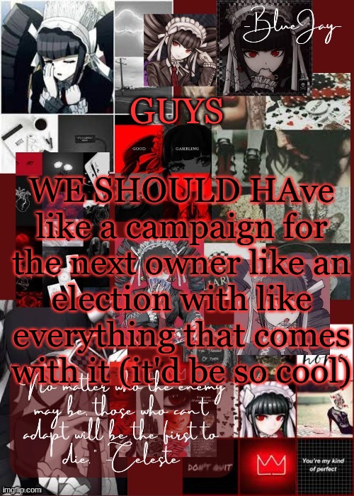 msmg politics ? | GUYS; WE SHOULD HAve like a campaign for the next owner like an election with like everything that comes with it (it'd be so cool) | image tagged in jaiden celeste temp | made w/ Imgflip meme maker