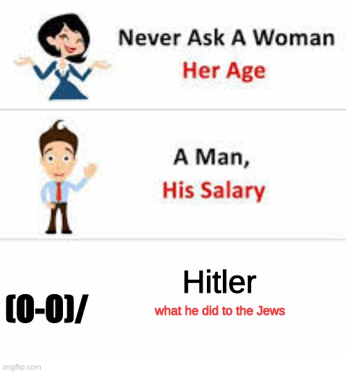 Never ask a woman her age | (O-O)/; Hitler; what he did to the Jews | image tagged in never ask a woman her age | made w/ Imgflip meme maker