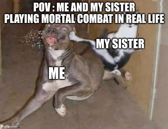 GET REKT | POV : ME AND MY SISTER PLAYING MORTAL COMBAT IN REAL LIFE; MY SISTER; ME | image tagged in get rekt | made w/ Imgflip meme maker