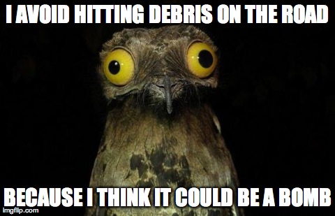 Weird Stuff I Do Potoo | I AVOID HITTING DEBRIS ON THE ROAD BECAUSE I THINK IT COULD BE A BOMB | image tagged in memes,weird stuff i do potoo | made w/ Imgflip meme maker