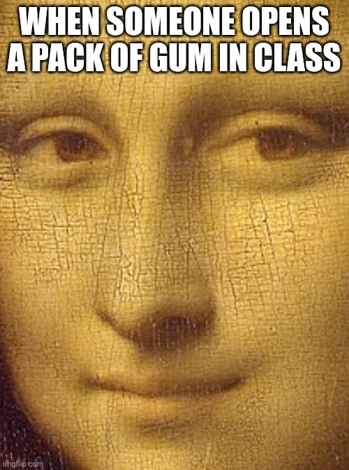 {creepily stares at gum} |  WHEN SOMEONE OPENS A PACK OF GUM IN CLASS | image tagged in mona lisa | made w/ Imgflip meme maker