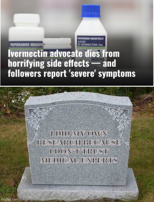 2023 and people are still stupid. | I DID MY OWN RESEARCH BECAUSE I DON'T TRUST MEDICAL EXPERTS | image tagged in empty gravestone 121212,i did my own research,ivermectin | made w/ Imgflip meme maker