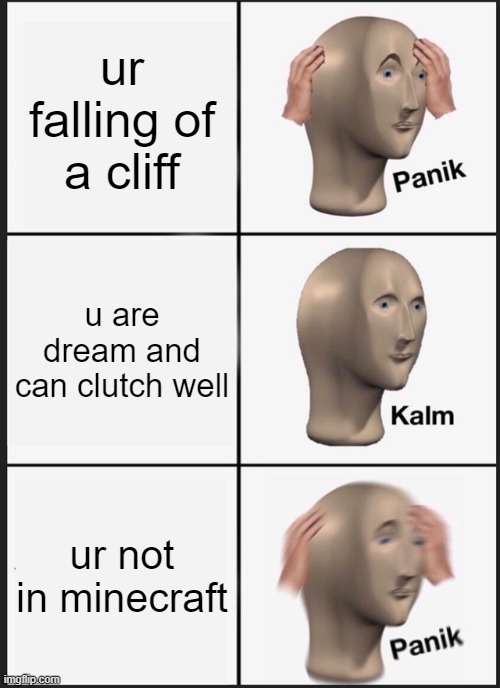 rip dream | ur falling of a cliff; u are dream and can clutch well; ur not in minecraft | image tagged in memes,panik kalm panik | made w/ Imgflip meme maker