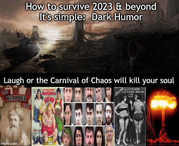 Laugh or die trying | How to survive 2023 & beyond
It's simple:  Dark Humor; Laugh or the Carnival of Chaos will kill your soul | image tagged in memes,dark humor | made w/ Imgflip meme maker