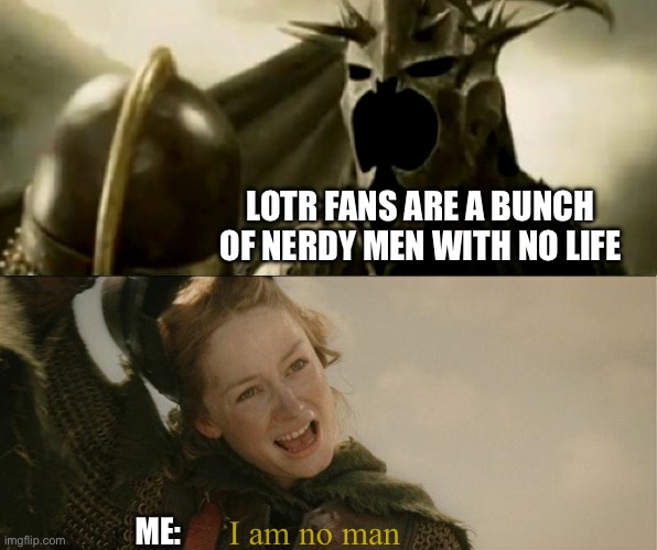 Anothe true story | LOTR FANS ARE A BUNCH OF NERDY MEN WITH NO LIFE; I am no man; ME: | image tagged in i am no man,lotr | made w/ Imgflip meme maker