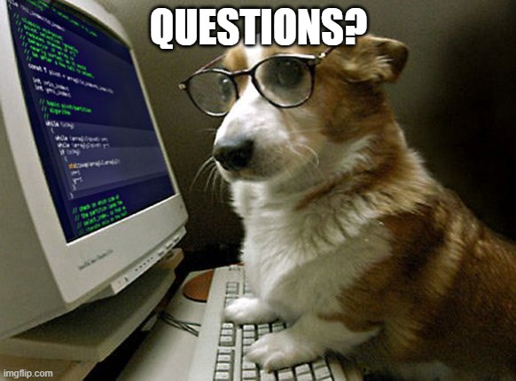 Gimme your questions | QUESTIONS? | image tagged in corgi hacker | made w/ Imgflip meme maker