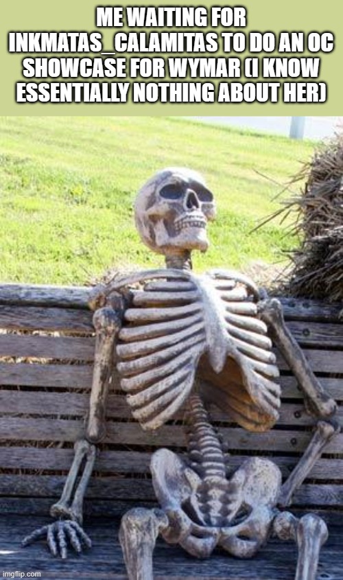 This is like the 3rd time I've asked for this | ME WAITING FOR INKMATAS_CALAMITAS TO DO AN OC SHOWCASE FOR WYMAR (I KNOW ESSENTIALLY NOTHING ABOUT HER) | image tagged in memes,waiting skeleton | made w/ Imgflip meme maker