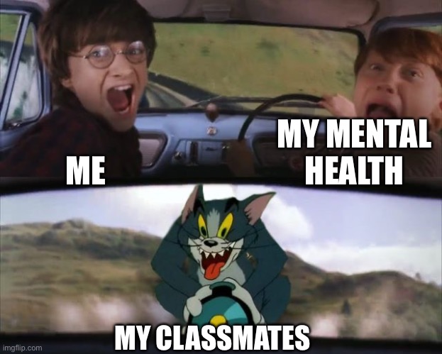 Tom chasing Harry and Ron Weasly | MY MENTAL HEALTH; ME; MY CLASSMATES | image tagged in tom chasing harry and ron weasly | made w/ Imgflip meme maker