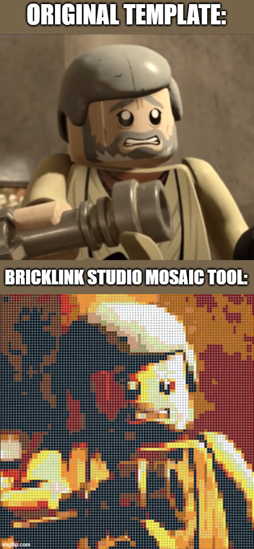 Cringey Lego Obi-Wan as a Lego mosaic | ORIGINAL TEMPLATE:; BRICKLINK STUDIO MOSAIC TOOL: | image tagged in cringey lego obi-wan,mosaic,lego,obi wan kenobi,obi-wan kenobi | made w/ Imgflip meme maker