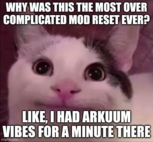 Awkward Smile Cat | WHY WAS THIS THE MOST OVER COMPLICATED MOD RESET EVER? LIKE, I HAD ARKUUM VIBES FOR A MINUTE THERE | image tagged in awkward smile cat | made w/ Imgflip meme maker