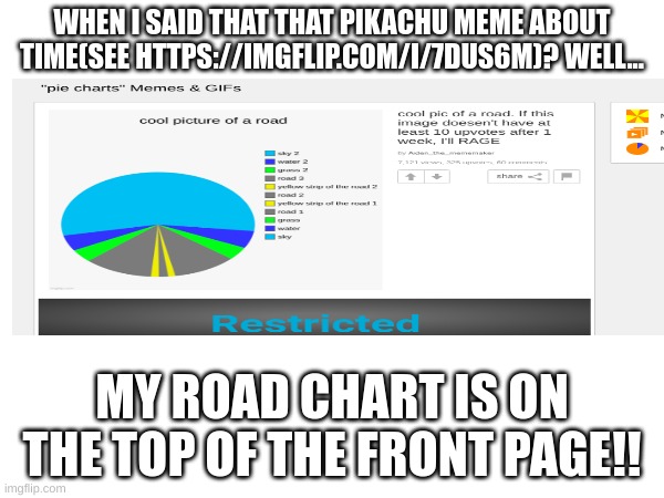 thx | WHEN I SAID THAT THAT PIKACHU MEME ABOUT TIME(SEE HTTPS://IMGFLIP.COM/I/7DUS6M)? WELL... MY ROAD CHART IS ON THE TOP OF THE FRONT PAGE!! | image tagged in cool,noice,front page | made w/ Imgflip meme maker