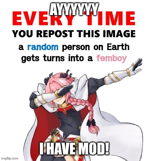 Every time you repost this image femboy | AYYYYYY; I HAVE MOD! | image tagged in every time you repost this image femboy | made w/ Imgflip meme maker