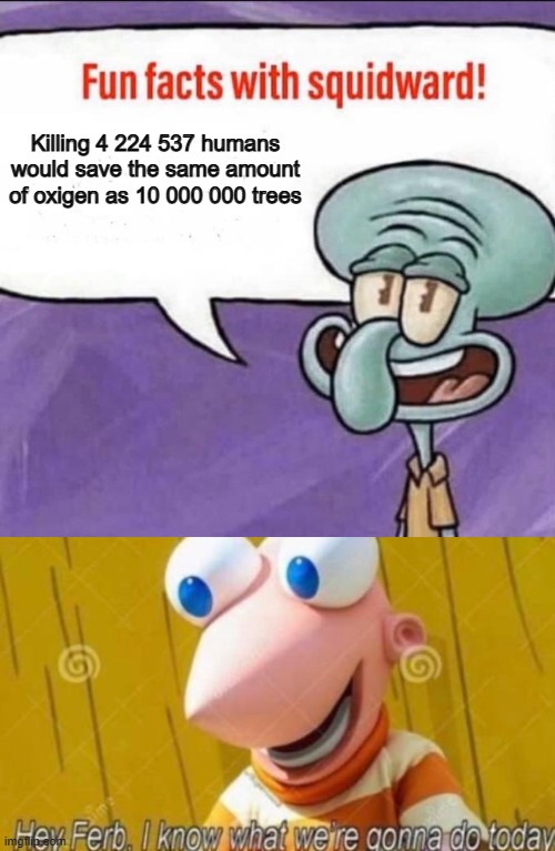 repost of LINOK_BOSS's meme but i added something i wanted to comment on his meme but my account wont let me comment lol. | Killing 4 224 537 humans would save the same amount of oxigen as 10 000 000 trees | image tagged in fun facts with squidward,hey ferb,dark humor,cursed,ferb i know what we re gonna do today | made w/ Imgflip meme maker