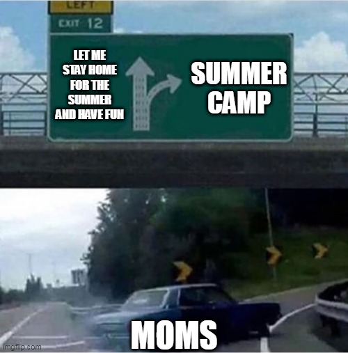 Car turning  | LET ME STAY HOME FOR THE SUMMER AND HAVE FUN; SUMMER CAMP; MOMS | image tagged in car turning | made w/ Imgflip meme maker