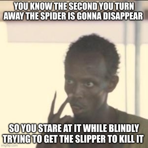 Every time | YOU KNOW THE SECOND YOU TURN AWAY THE SPIDER IS GONNA DISAPPEAR; SO YOU STARE AT IT WHILE BLINDLY TRYING TO GET THE SLIPPER TO KILL IT | image tagged in memes,look at me | made w/ Imgflip meme maker