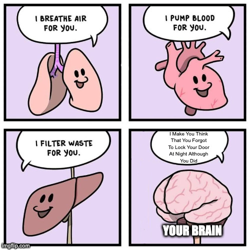 organs and brain | I Make You Think
That You Forgot
To Lock Your Door
At Night Although
You Did; YOUR BRAIN | image tagged in organs and brain,memes,meme,funny,fun,relatable memes | made w/ Imgflip meme maker