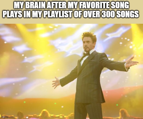 The feeling of perfection |  MY BRAIN AFTER MY FAVORITE SONG PLAYS IN MY PLAYLIST OF OVER 300 SONGS | image tagged in tony stark success | made w/ Imgflip meme maker