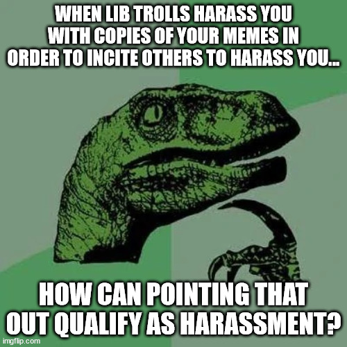 Hypocrisy... | WHEN LIB TROLLS HARASS YOU WITH COPIES OF YOUR MEMES IN ORDER TO INCITE OTHERS TO HARASS YOU... HOW CAN POINTING THAT OUT QUALIFY AS HARASSMENT? | image tagged in raptor asking questions | made w/ Imgflip meme maker