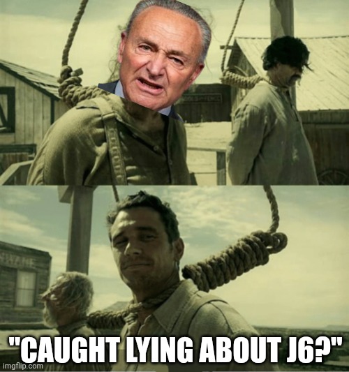 The hour cometh | "CAUGHT LYING ABOUT J6?" | image tagged in first time buster scruggs james franco hanging alternate | made w/ Imgflip meme maker