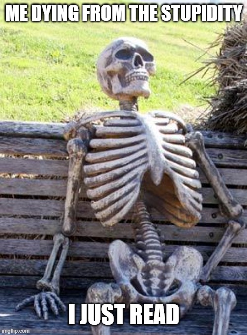 Waiting Skeleton Meme | ME DYING FROM THE STUPIDITY I JUST READ | image tagged in memes,waiting skeleton | made w/ Imgflip meme maker