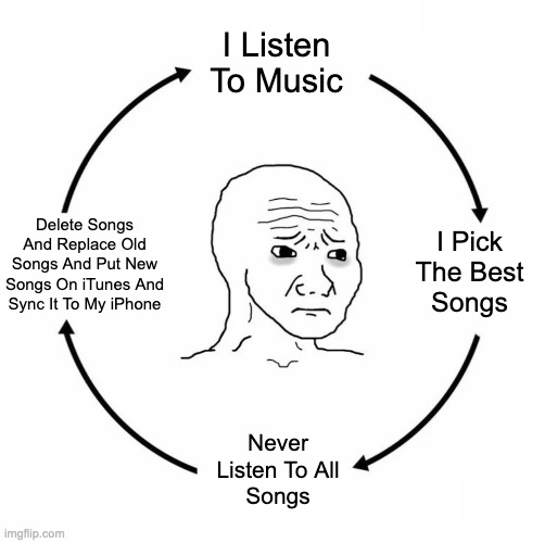 Sad wojak cycle | I Listen
To Music; Delete Songs
And Replace Old
Songs And Put New
Songs On iTunes And
Sync It To My iPhone; I Pick
The Best
Songs; Never
Listen To All
Songs | image tagged in sad wojak cycle,relatable memes,memes,meme,funny,fun | made w/ Imgflip meme maker