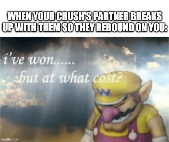 Hurts a little |  WHEN YOUR CRUSH'S PARTNER BREAKS UP WITH THEM SO THEY REBOUND ON YOU: | image tagged in i've won but at what cost,girlfriend,boyfriend,relationships,breakup,rebound | made w/ Imgflip meme maker