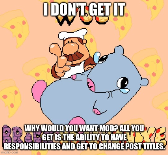(mod note- you mean this?)

(SPAMTON- I think he does.) (COCK) (bnhs: It's racism time. NIGG- | I DON'T GET IT; WHY WOULD YOU WANT MOD? ALL YOU GET IS THE ABILITY TO HAVE RESPONSIBILITIES AND GET TO CHANGE POST TITLES. | image tagged in woe brick be upon ye | made w/ Imgflip meme maker