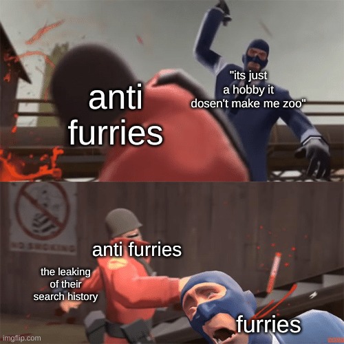 Fr fr | "its just a hobby it dosen't make me zoo"; anti furries; anti furries; the leaking of their search history; furries | image tagged in soldier vs spy | made w/ Imgflip meme maker