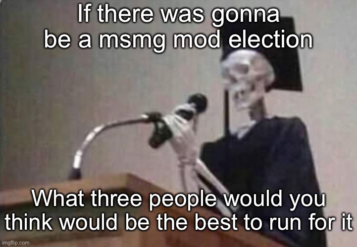 Skeleton scholar | If there was gonna be a msmg mod election; What three people would you think would be the best to run for it | image tagged in skeleton scholar | made w/ Imgflip meme maker