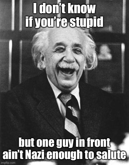Einstein laugh | I don’t know if you’re stupid but one guy in front ain’t Nazi enough to salute | image tagged in einstein laugh | made w/ Imgflip meme maker