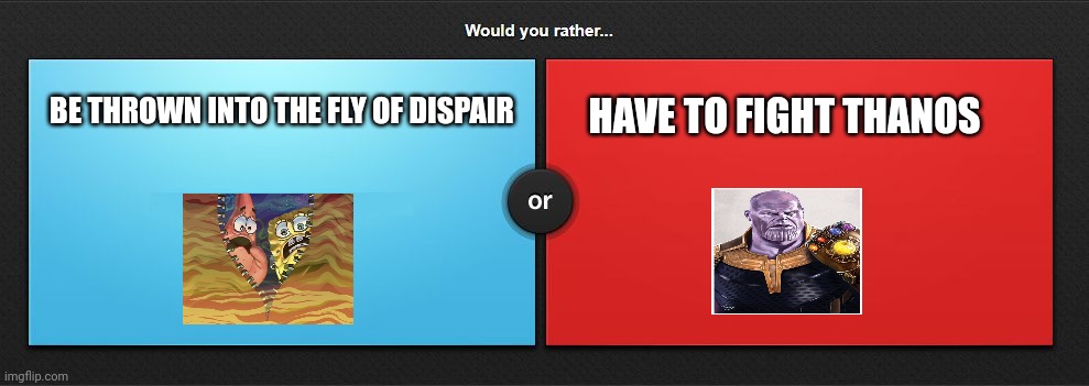 Fly of dispair or fight Thanos | BE THROWN INTO THE FLY OF DISPAIR; HAVE TO FIGHT THANOS | image tagged in would you rather | made w/ Imgflip meme maker