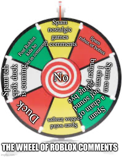 The Roblox wheel of comments | Spam nostalgic games in comments; Spam robux or bobux; Post Roblox kids be like in comments; No; Spam can I chem burger plz? Spam teh epik duck is coming; Spam a chain of oof sound going bye; Duck; Spam weird roblox images; THE WHEEL OF ROBLOX COMMENTS | image tagged in spinning wheel | made w/ Imgflip meme maker