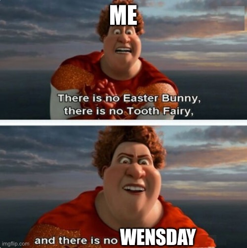 TIGHTEN MEGAMIND "THERE IS NO EASTER BUNNY" | ME; WENSDAY | image tagged in tighten megamind there is no easter bunny | made w/ Imgflip meme maker