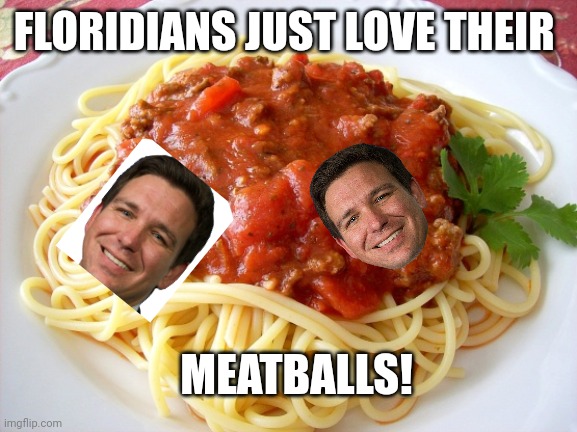 100% antiwoke meat...what ever that is... | FLORIDIANS JUST LOVE THEIR; MEATBALLS! | image tagged in spaghetti | made w/ Imgflip meme maker