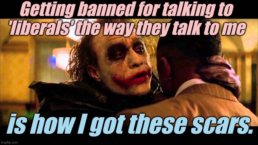 I decided to accept it and use the Anger. | Getting banned for talking to 'liberals' the way they talk to me; is how I got these scars. | image tagged in liberals,democrats,lgbtq,blm,antifa,criminals | made w/ Imgflip meme maker