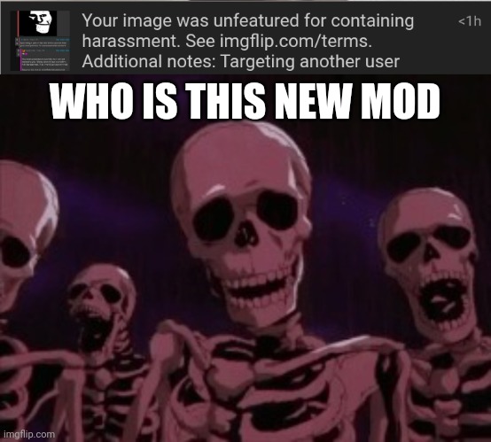 Normally mods don't care if I target someone, not this mofo | WHO IS THIS NEW MOD | image tagged in berserk roast skeletons | made w/ Imgflip meme maker