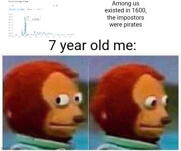 Monkey Puppet Meme | Among us existed in 1600, the impostors were pirates; 7 year old me: | image tagged in memes,monkey puppet | made w/ Imgflip meme maker